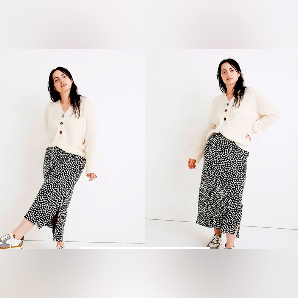 Madewell Drawstring Midi Slip Skirt Black Woodcut Flowers